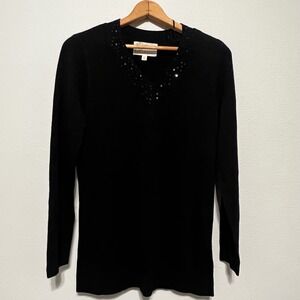 Debbie Morgan Petite Black Sequined V Neck Sweater Long Sleeve Knit Top